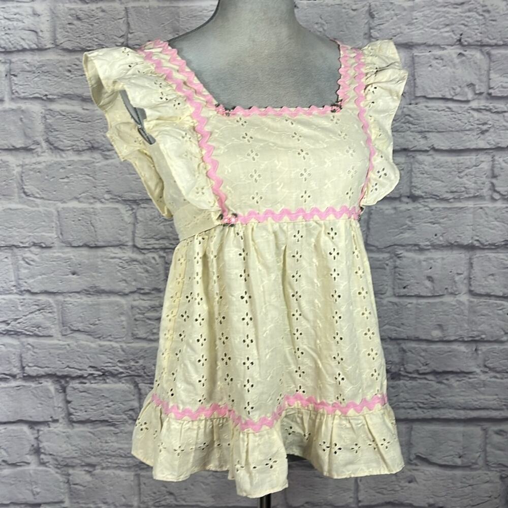 Vintage Handmade Cottagecore Eyelet Top with Pink Trim